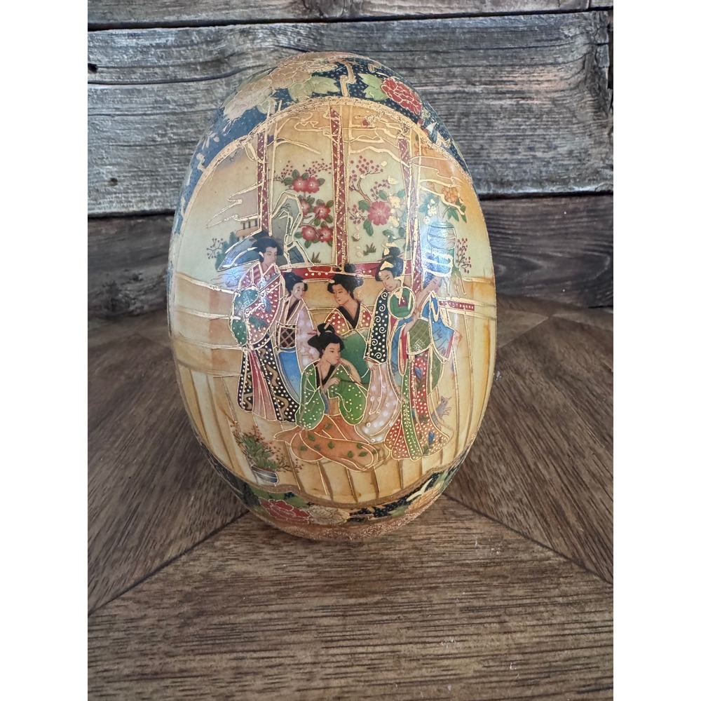 Large 8 Inch Satsuma Style Ceramic Egg Geisha Moriage Gold Gilt Floral Decor